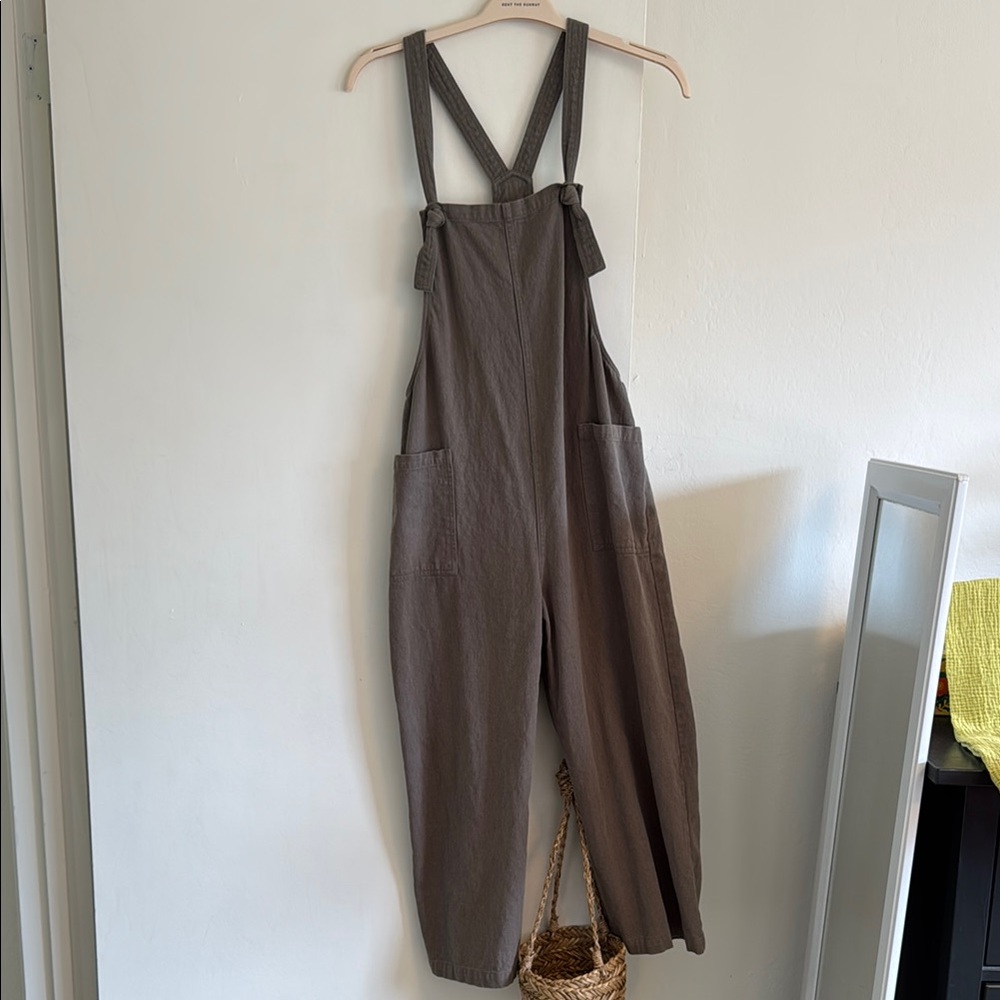 Gray Linen Blend Overalls with Pockets